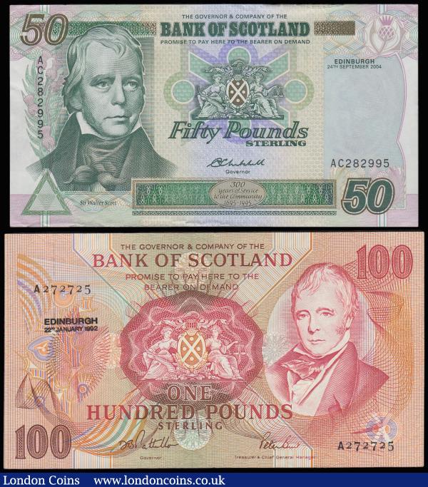 Scotland Bank of Scotland (2) 50 Pounds Edinburgh 24th September 2004 series AC282995 300 Years of the Company emblem bottom and 100 Pounds 22 Jan 1992 A272725 both EF : World Banknotes : Auction 185 : Lot 548