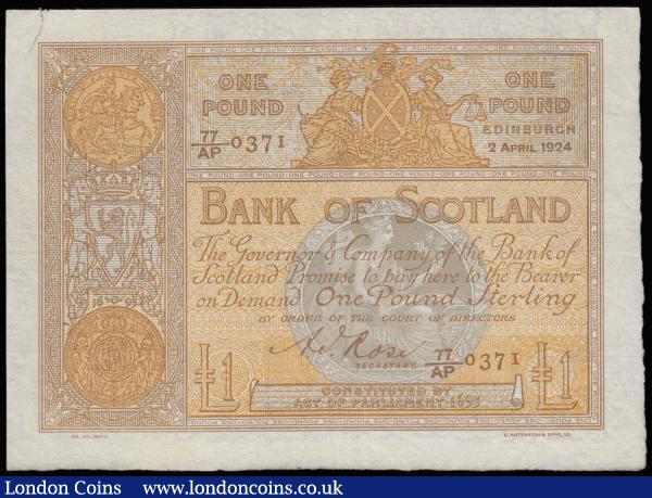 Scotland Bank of Scotland £1 square note dated 2 April 1924 series 77/AP 0371 Rose signature, Pick81d, EF with a tear top left : World Banknotes : Auction 185 : Lot 549