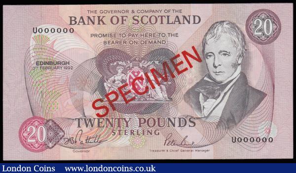 Scotland Bank of Scotland £20 SPECIMEN dated 3 February 1992 series U000000 signed Pattullo & Burt, Pick118s, UNC : World Banknotes : Auction 185 : Lot 550