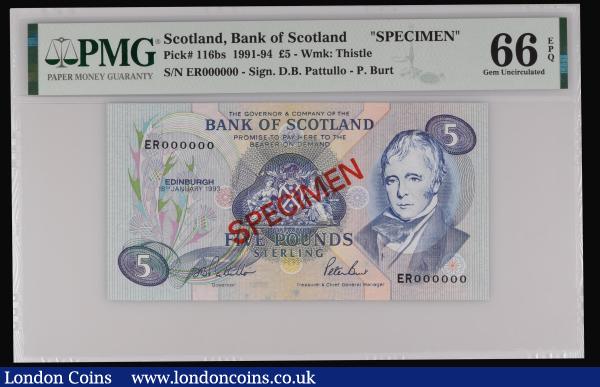 Scotland Bank of Scotland 1 Pound SPECIMEN dated 18 January 1993 series ER000000, signed Pattullo & Burt, Pick 116bs, Gem Uncirculated PMG 66 EPQ : World Banknotes : Auction 185 : Lot 551