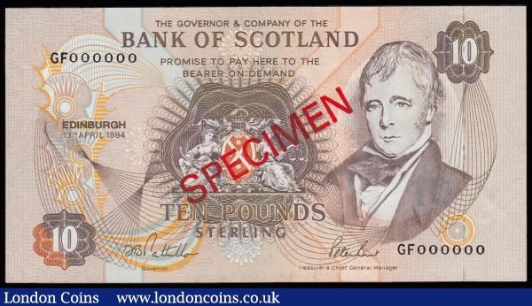 Scotland Bank of Scotland 10 Pounds SPECIMEN dated 13 April 1994 series GF000000, signed Pattullo & Burt, Unc, Pick 117s : World Banknotes : Auction 185 : Lot 552