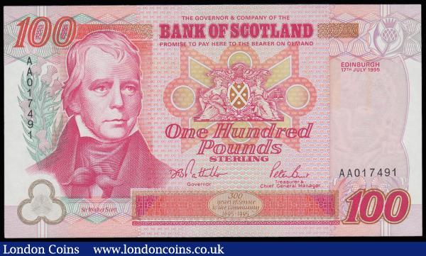 Scotland Bank of Scotland 100 Pounds dated 17 July 1995, series AA017491 Pick 123 AU (light centre fold) : World Banknotes : Auction 185 : Lot 554