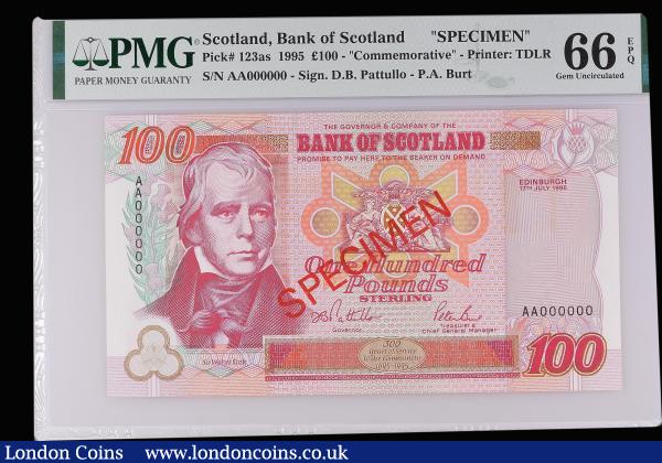 Scotland Bank of Scotland 100 Pounds dated 17 July 1995, SPECIMEN AA000000 Pick 123as Gem Uncirculated PMG 66 EPQ desirable thus : World Banknotes : Auction 185 : Lot 555