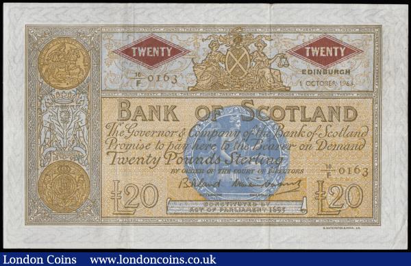 Scotland Bank of Scotland 20 Pounds Pick 94f dated 1 October 1963 serial number 10/F 0163 brown on pale orange with blue medallion at centre, Very Fine  : World Banknotes : Auction 185 : Lot 561