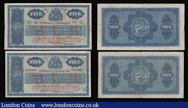 Scotland British Linen Bank (4) 5 Pounds 11.9.1947 pleasant Fine, 5 Pounds 11.2.1959 Fine inked number front bottom right, 1 Pounds 31.1.1962 Fine, 1 Pound 20.7.1970 VF : World Banknotes : Auction 185 : Lot 565