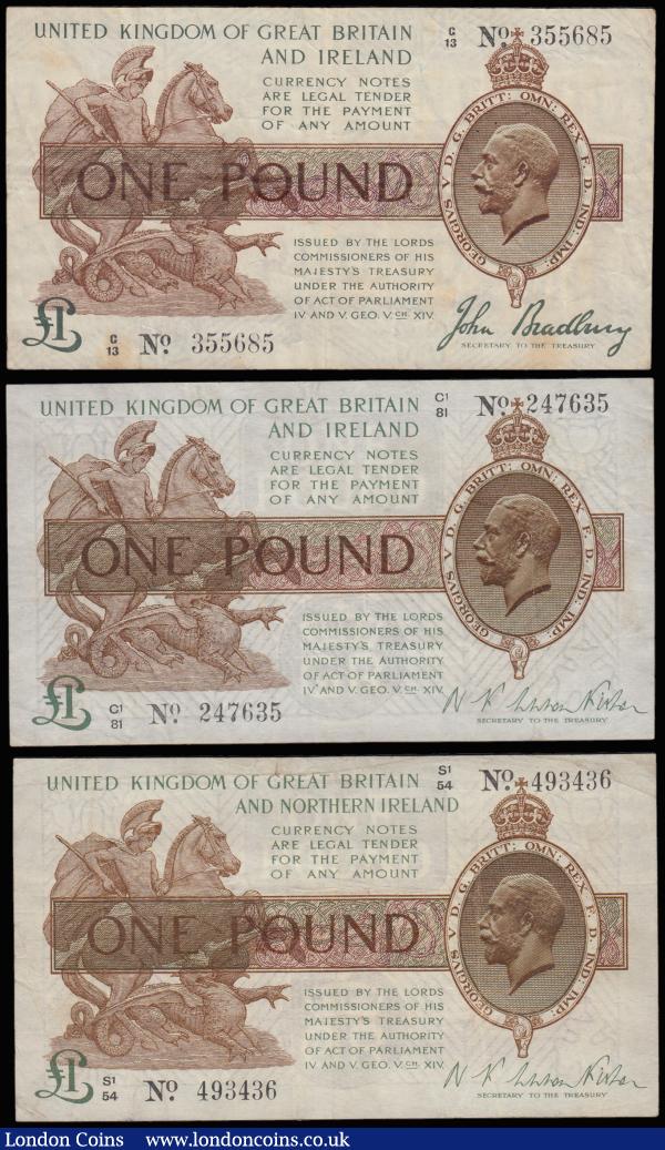 One Pounds Treasury Houses of Parliament reverse (3) Bradbury prefix G/13 VF with some stains, Warren Fisher C/1 and S/1 both VF : English Banknotes : Auction 185 : Lot 57
