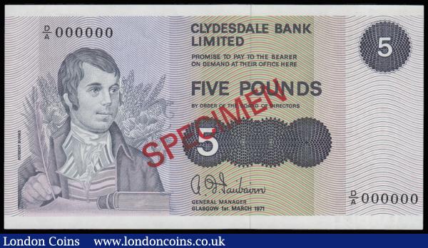 Scotland Clydesdale Bank Limited 5 Pounds SPECIMEN signed Hamilton 1.3.1971 D/A 000000 Unc : World Banknotes : Auction 185 : Lot 575