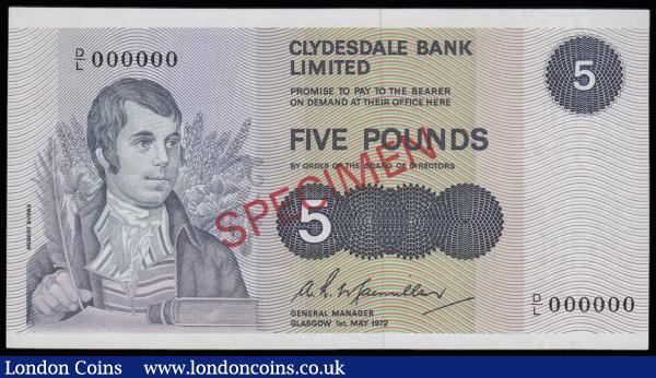 Scotland Clydesdale Bank Limited 5 Pounds SPECIMEN signed Hamilton 1.5.1972 D/L 000000 AU-Unc : World Banknotes : Auction 185 : Lot 576