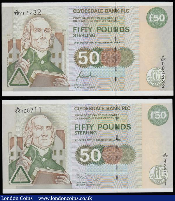 Scotland Clydesdale Bank Limited 50 Pounds (2) 22.3.1996 and 25.4.2003 both Unc Pick 225 : World Banknotes : Auction 185 : Lot 577