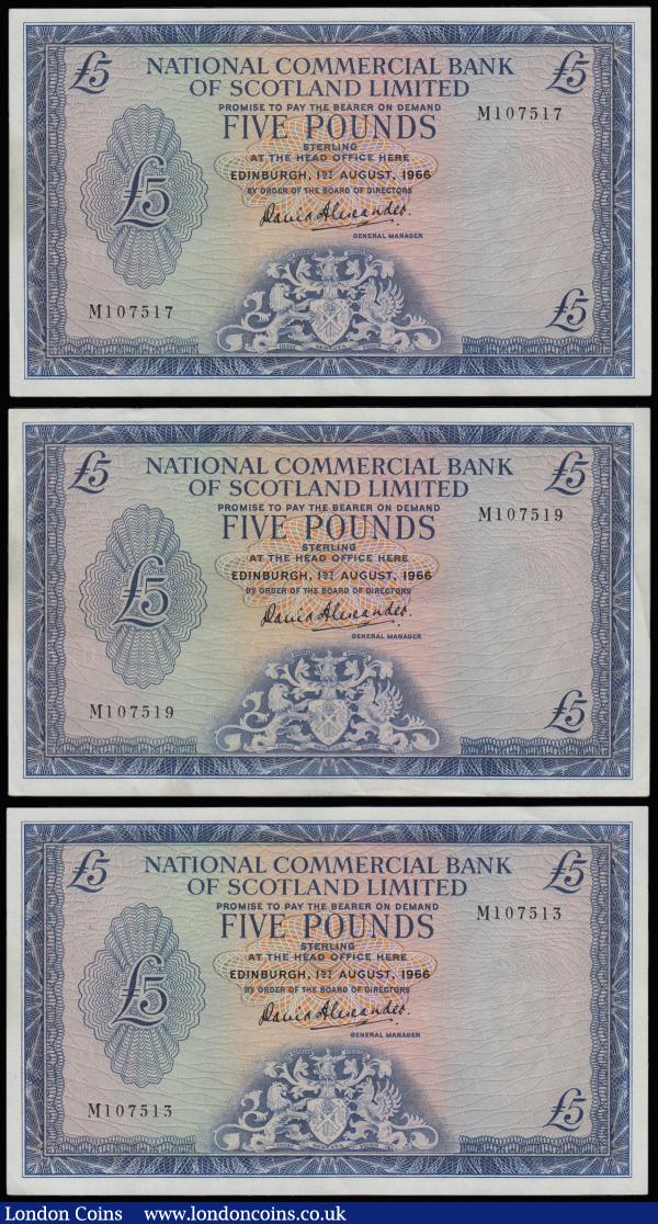 Scotland National Commercial Bank 5 Pounds dated 1st August 1966, signed David Alexander, Pick272a, (3) near consecutives in high grades M107513, 517 and 519 AU (light centre fold only) and slight discoloration left edge : World Banknotes : Auction 185 : Lot 586