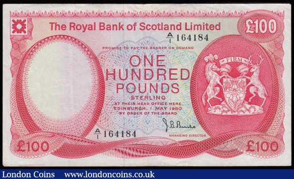 Scotland Royal Bank of Scotland Ltd 100 Pounds dated 1 May 1980 series A/1 164184, Pick 340 VF a seldom offered early dated high value note  : World Banknotes : Auction 185 : Lot 589