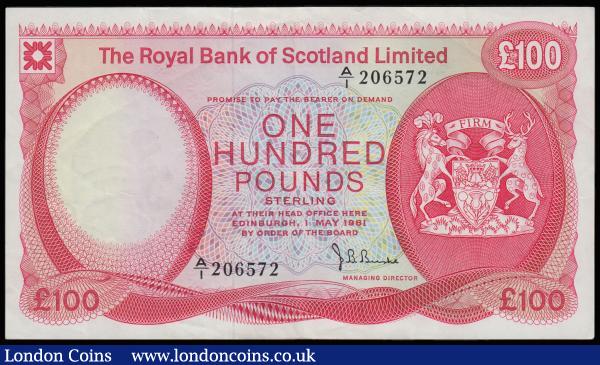 Scotland Royal Bank of Scotland Ltd 100 Pounds dated 1 May 1981 series A/1 206572, Pick 340 Good VF-EF a seldom offered early dated high value note in higher grade : World Banknotes : Auction 185 : Lot 591