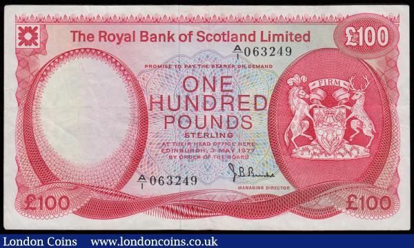 Scotland Royal Bank of Scotland Ltd 100 Pounds dated 3 May 1977 series A/1 063249, Pick 340 VF a seldom offered early dated high value note  : World Banknotes : Auction 185 : Lot 593