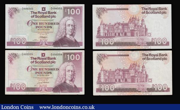 Scotland Royal Bank of Scotland Ltd a collection of four 100 Pounds with different dates 24.1.1996 bold VF, 26.3.1997 bold VF, 30.9.1998 near VF and 30.3.1999 Good VF Pick 350 : World Banknotes : Auction 185 : Lot 595