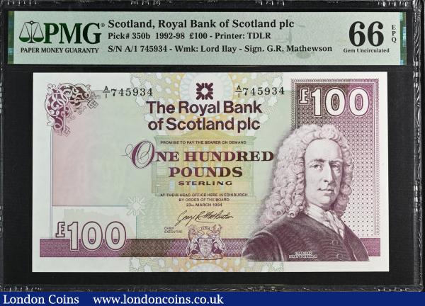 Scotland Royal Bank of Scotland Plc 100 Pounds dated 23 March 1994 series A/1 745934, Pick 350b Gem Uncirculated PMG 66 EPQ scarce thus : World Banknotes : Auction 185 : Lot 598