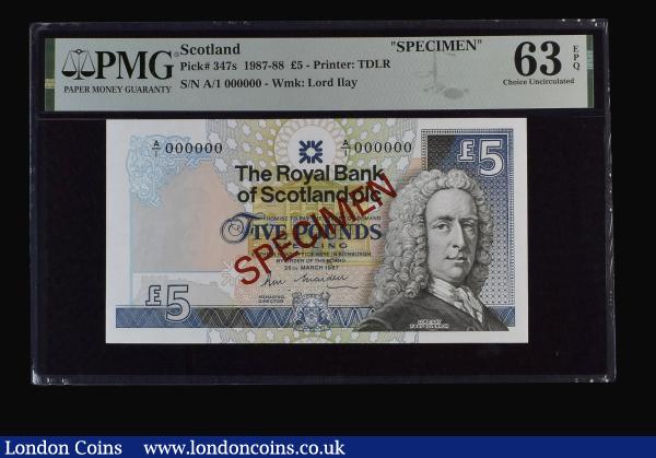 Scotland Royal Bank of Scotland plc 5 Pounds SPECIMEN  signed Maiden 25th March 1987 Lord Hay right, Balmoral Castle reverse series A/1 000000, Pick 347s Choice Uncirculated PMG 63 EPQ : World Banknotes : Auction 185 : Lot 602