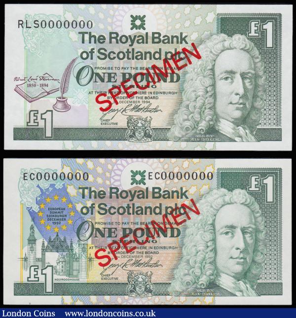 Scotland The Royal Bank of Scotland plc 1 Pound SPECIMEN (2) 8.12.1992 EC0000000 and 3.12.1994 RLS0000000 both Unc : World Banknotes : Auction 185 : Lot 605
