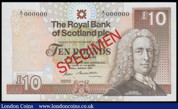 Scotland The Royal Bank of Scotland plc 10 Pounds 25 March 1987  Pick 348s signature Maiden Glamis Castle reverse SPECIMEN serial number A/1 000000 Unc : World Banknotes : Auction 185 : Lot 607