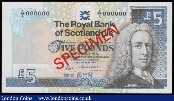 Scotland The Royal Bank of Scotland plc 5 Pounds 25 March 1987  Pick 347s signature Maiden Culzean Castle reverse SPECIMEN serial number A/1 000000 Unc : World Banknotes : Auction 185 : Lot 610