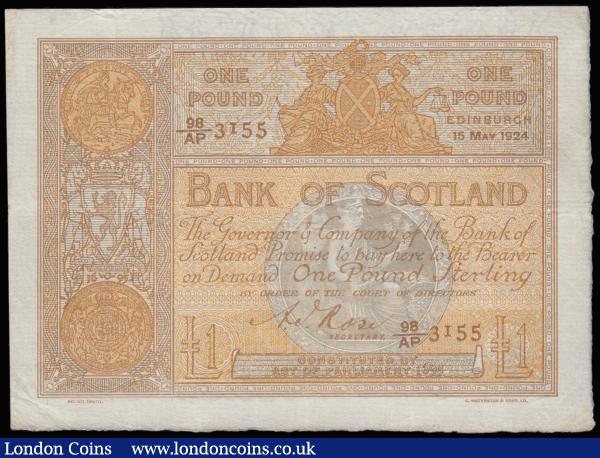 Scotland, Bank of Scotland 1 Pound large square issue 15 May 1924 signed Rose Pick 81d VF : World Banknotes : Auction 185 : Lot 614