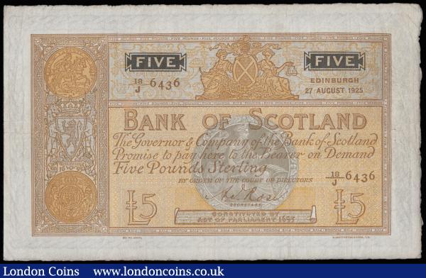 Scotland, Bank of Scotland 5 Pounds 27 August 1925 signed Rose Pick 82d VF : World Banknotes : Auction 185 : Lot 619