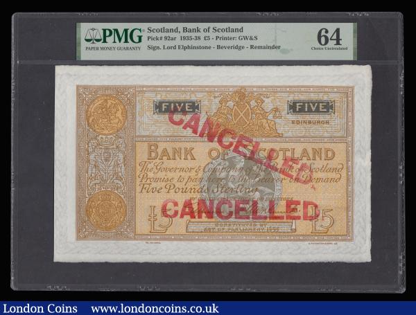 Scotland, Bank of Scotland Five Pounds Specimen signed Ephinstone and Macfarlane undated (1939) as Pick 92b CANCELLED in red twice across the front PMG64 Choice Uncirculated "pinholes" Stamp Cancelled one tiny pinhole right margin : World Banknotes : Auction 185 : Lot 620