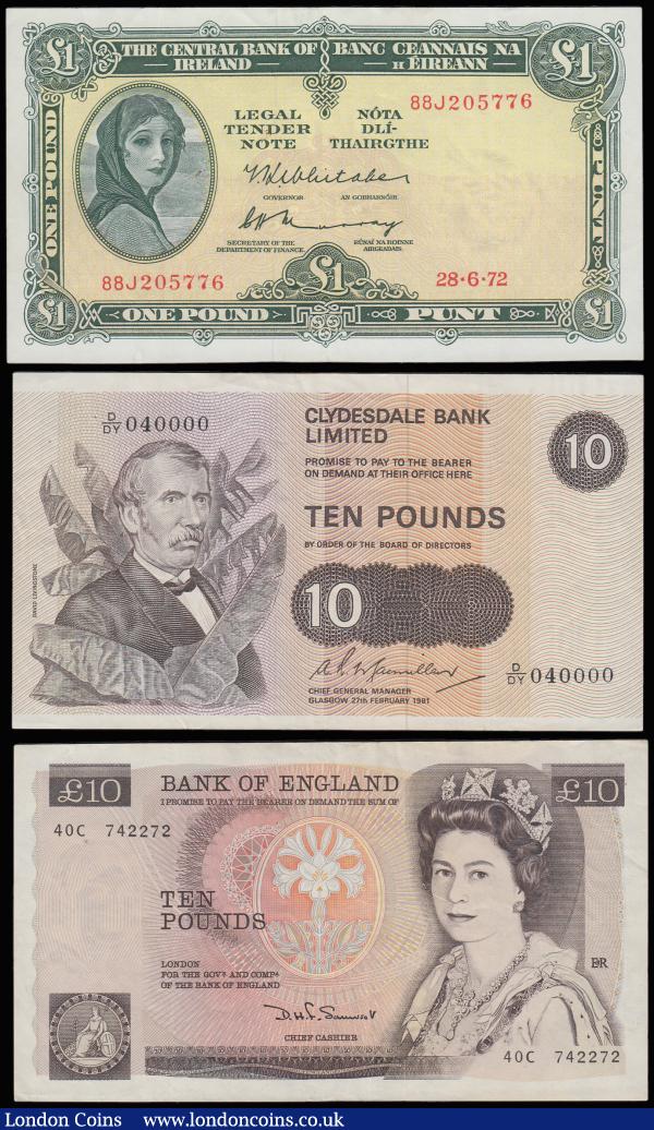 World (3) Ireland 1 Pound 28.6.72 Good VF, Scotland 10 Pounds Clydeside Bank 27.2.1981 VF and Bank of England 10 Pounds Somerset Florence Nightingale prefix 40C VF : World Banknotes : Auction 185 : Lot 643