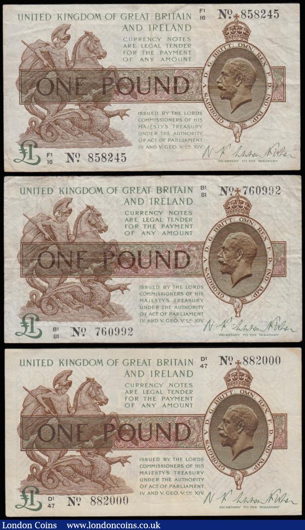 One Pound Warren Fisher T31 issued 1923 (3) portrait KGV at right, prefixes B1, D1 and F1 F-VF : English Banknotes : Auction 185 : Lot 72