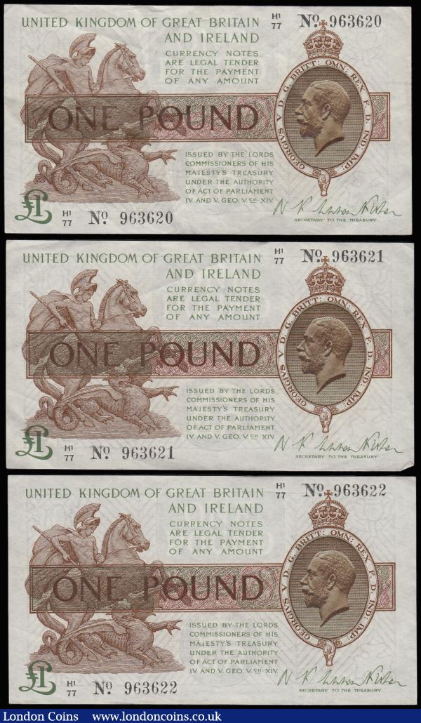 One Pound Warren Fisher T31 issued 1923 series (3 consecutives) H1/77 963620, 963921 and 963622, EF-AU and all with the stamp of DENNIS, FAULKNER & ALSOP on the back : English Banknotes : Auction 185 : Lot 75
