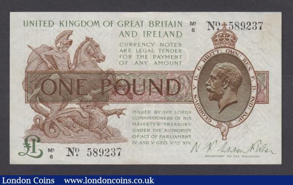 One Pound Warren Fisher T31 issued 1923 series M1/6 589237, VF : English Banknotes : Auction 185 : Lot 76