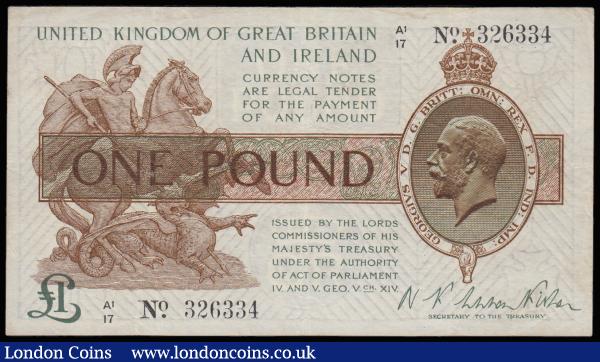 One Pound Warren Fisher T31 issued 1923, first series A1/17 326334, portrait KGV at right, VF : English Banknotes : Auction 185 : Lot 80
