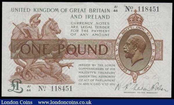 One Pound Warren Fisher T31 issued 1923, first series A1/44 118451, portrait KGV at right, probably AU for wear with s strong centre fold : English Banknotes : Auction 185 : Lot 81