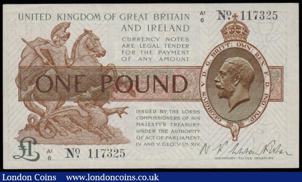 One Pound Warren Fisher T31 issued 1923, first series A1/6 117325, portrait KGV at right, AU and pleasing : English Banknotes : Auction 185 : Lot 82