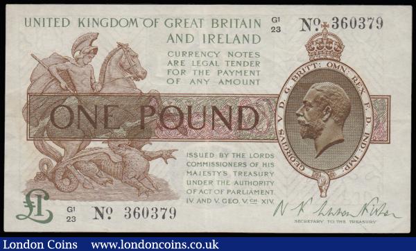 One Pound Warren Fisher T31 issued 1923, G1/23 360379, portrait KGV at right, Good VF : English Banknotes : Auction 185 : Lot 84
