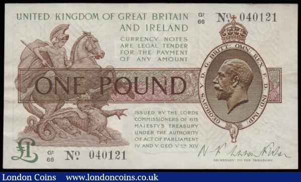 One Pound Warren Fisher T31 issued 1923, G1/66 040121, portrait KGV at right, VF : English Banknotes : Auction 185 : Lot 85