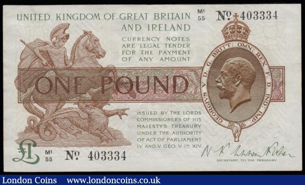 One Pound Warren Fisher T31 issued 1923, M1/55 403334, portrait KGV at right, Good VF : English Banknotes : Auction 185 : Lot 90