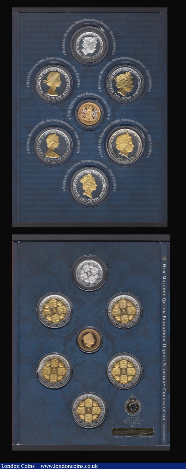 Gibraltar Sets (2) 2015 Winston Churchill - Inspiration to a Nation a 6-coin set comprising Ten Pounds 2015 One Tenth Ounce, in .999 gold Proof FDC, Crowns 2015 (5) each in bronze and plated with silver and/or gold each with a different reverse design of Churchill BU in the London Mint Office folder of issue, with all certificates, 2016 Queen Elizabeth II 90th Birthday a 7-coin set comprising Double Crown in 9 carat gold accented with white and rose gold, Proof FDC, Crowns 2016 (5) each in Cupro-nickel silver layered and with gold-plated portrait, the portraits being the five different effigies of the Queen, Gillick, Machin, Maklouf, and the new Maklouf 90th Birthday portrait, Lustrous UNC, Halfcrown 2016 Cupro-Nickel layered in silver Lustrous UNC, all in the London Mint Office folder of issue with all certificates : World Cased : Auction 185 : Lot 914