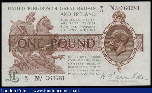 One Pound Warren Fisher T31 issued 1923, N1/26 360781, portrait KGV at right, UNC desirable thus : English Banknotes : Auction 185 : Lot 92