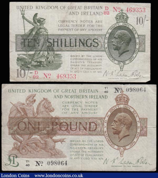 Warren Fisher (2) One Pound 1923 T31 T/1 098064 and Ten Shillings 1919 Red, Dash T26 first series D/82 469353 both Fine and with pinholes : English Banknotes : Auction 185 : Lot 93