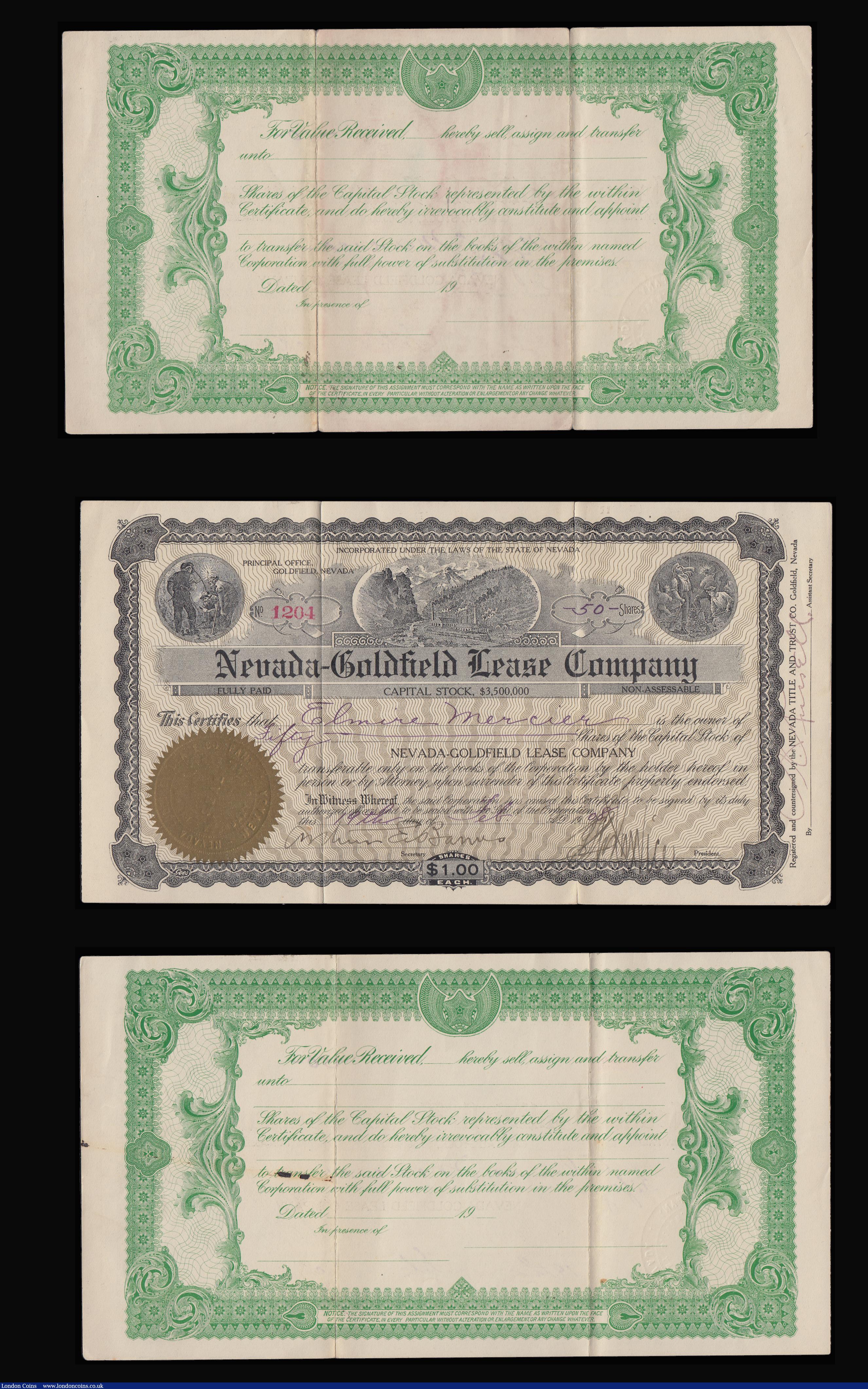 London Coins : A185 : Lot 1 : Nevada-Goldfield Lease Company Stock Certificates (4) each for 50 shares  of $1 each, dated 19th Feb...