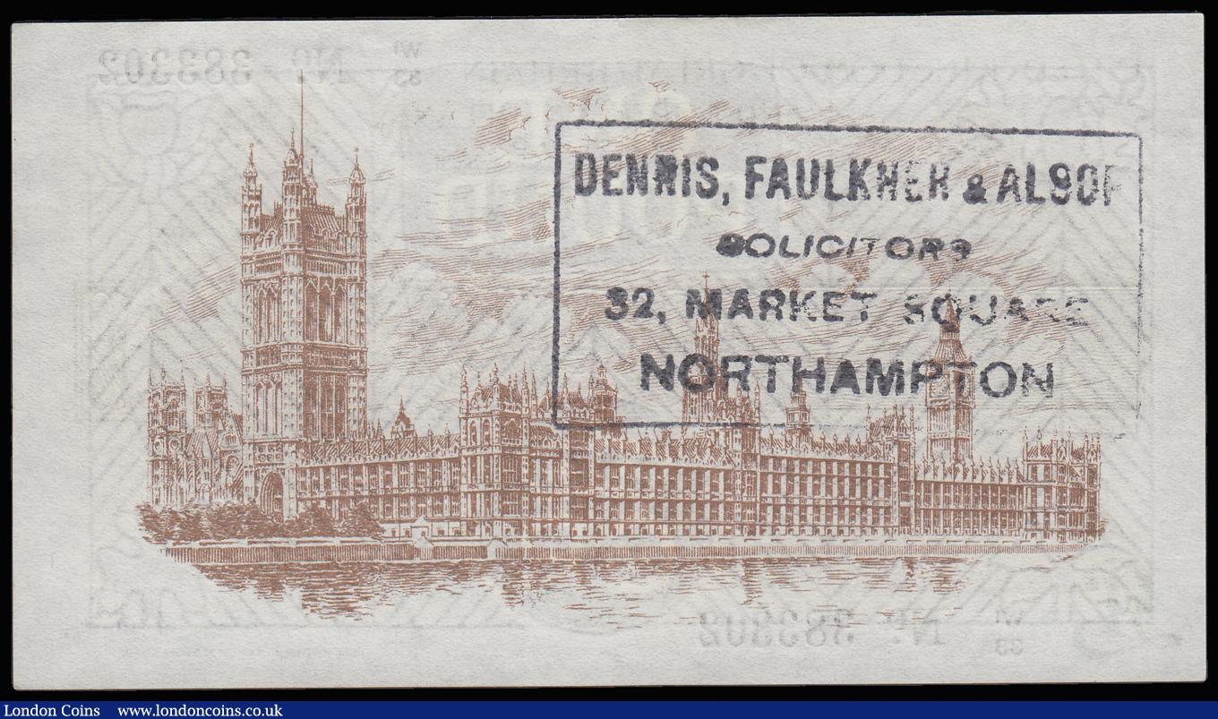 London Coins : A185 : Lot 109 : One Pound Warren Fisher T34 issued 1927, W1/33 383302, portrait KGV at right, AU with a stamp revers...