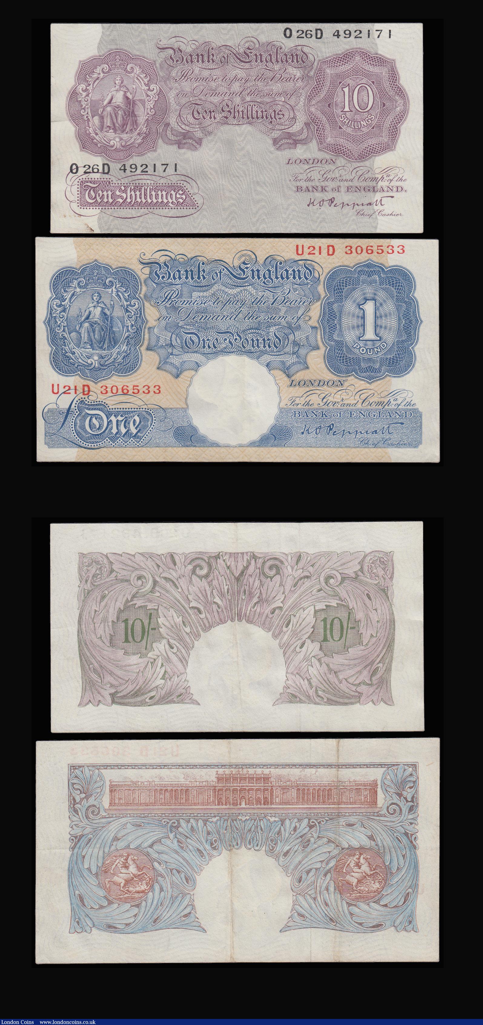 London Coins : A185 : Lot 116 : One Pound Mahon (2) prefix A56 aVF and B95 aFine, Peppiatt blue U21D prefix VF. Ten Shillings Peppia...