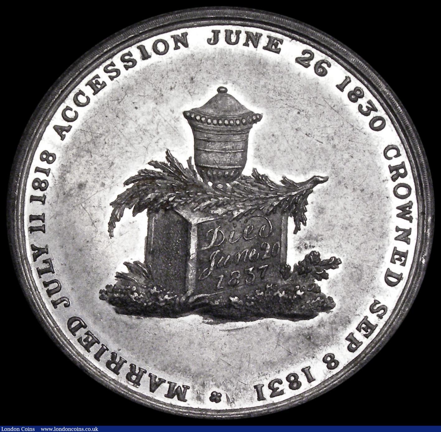 London Coins : A185 : Lot 1160 : Death of William IV 1837 38mm diameter in White Metal by T. Halliday, Obverse: Bare head right, WILL...