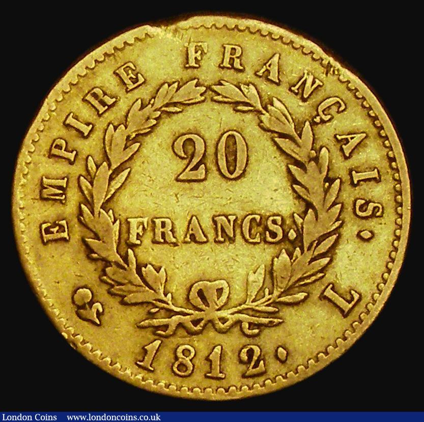 London Coins : A185 : Lot 1405 : France 20 Francs Gold 1812L Bayonne Mint KM#695.5 Fine with a scratch below the bust, Rare with only...
