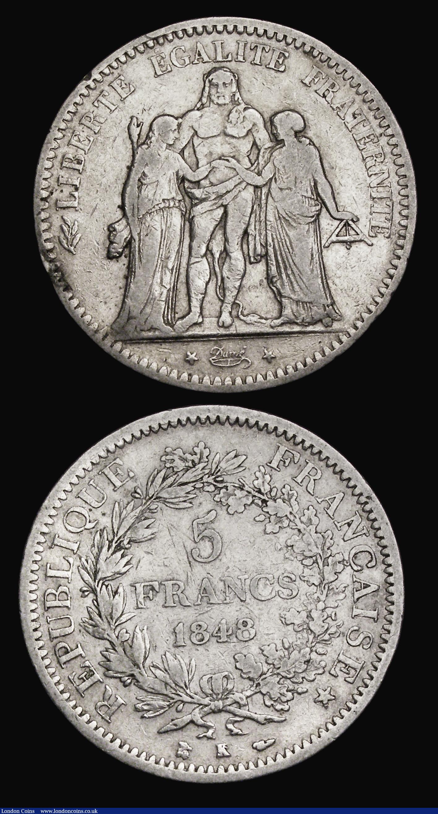 London Coins : A185 : Lot 1410 : France Five Francs 1833K Bordeaux Mint, KM#749.7 Fine/NVF and 1848K Bordeaux Mint, Obverse : Hercule...