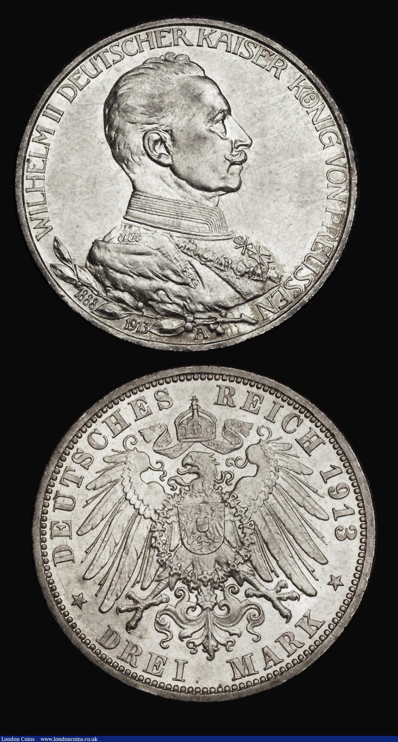 London Coins : A185 : Lot 1447 : German States (2) Five Marks Prussia 1907A KM#523 EF with some contact marks, Three Marks 1913A Wilh...