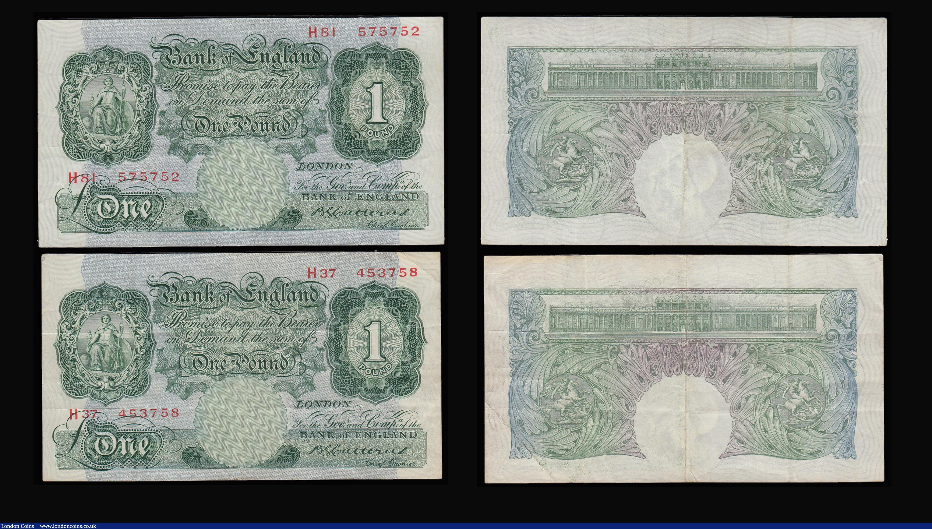 London Coins : A185 : Lot 145 : One Pound Green Catterns B225 issued 1930 FIRST series letter H (4) prefix  H37 ...