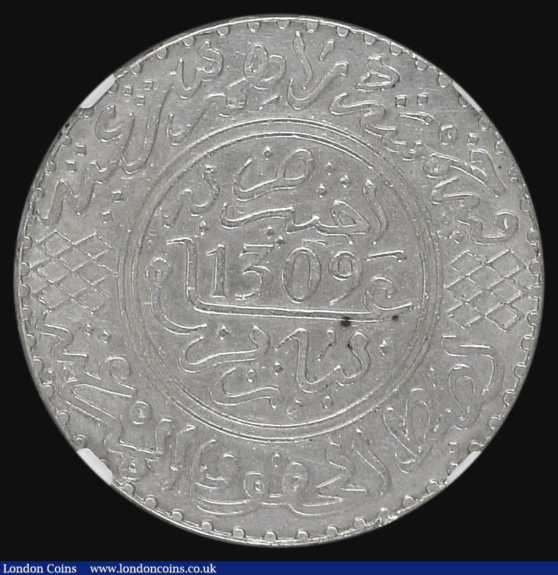 London Coins : A185 : Lot 1504 : Morocco Five Dirhams AH1309 (1892) Y#7 Paris Mint, in an NGC holder and graded AU Details, Reverse C...