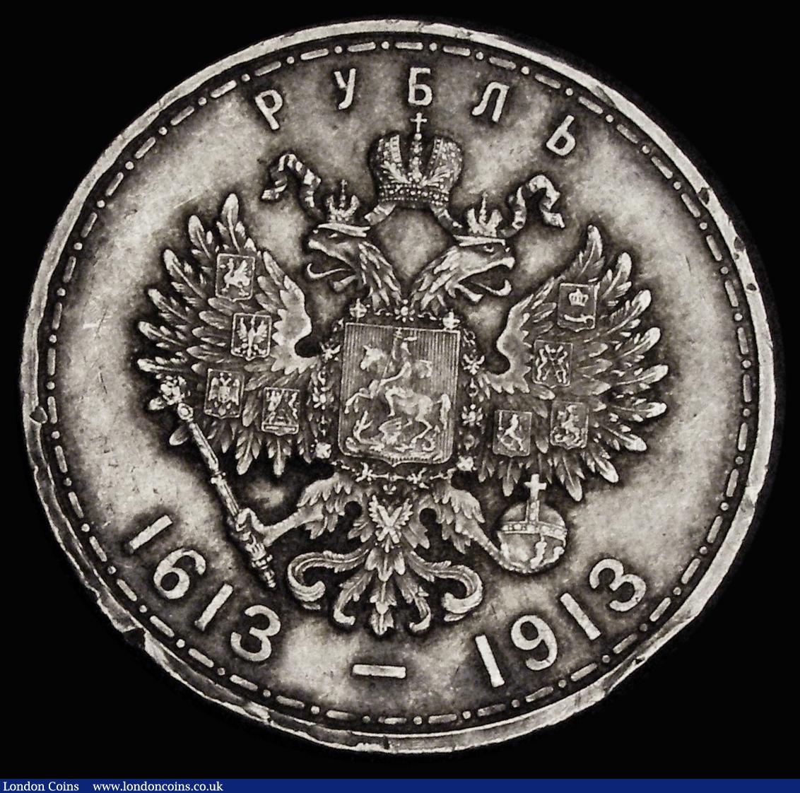London Coins : A185 : Lot 1536 : Russia One Rouble 1913 300th Anniversary of the Romanov dynasty, Y#70 GVF with some surface marks an...