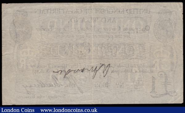 One Pound Bradbury T11.2 issued 1914, series G1/9 40591, portrait of King George V at top left, (Pick349a), Bold Fine penned signature on the back : English Banknotes : Auction 185 : Lot 16